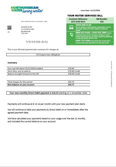 United Kingdom Northumbrian Water business utility bill template in Word and PDF formats, version 1